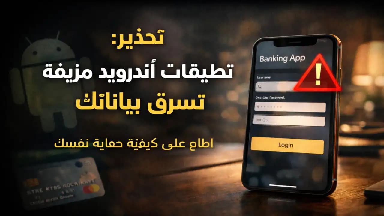 تحذير من تطبيقات أندرويد مزيفة مع هاتف يعرض واجهة تطبيق بنكي مشبوه