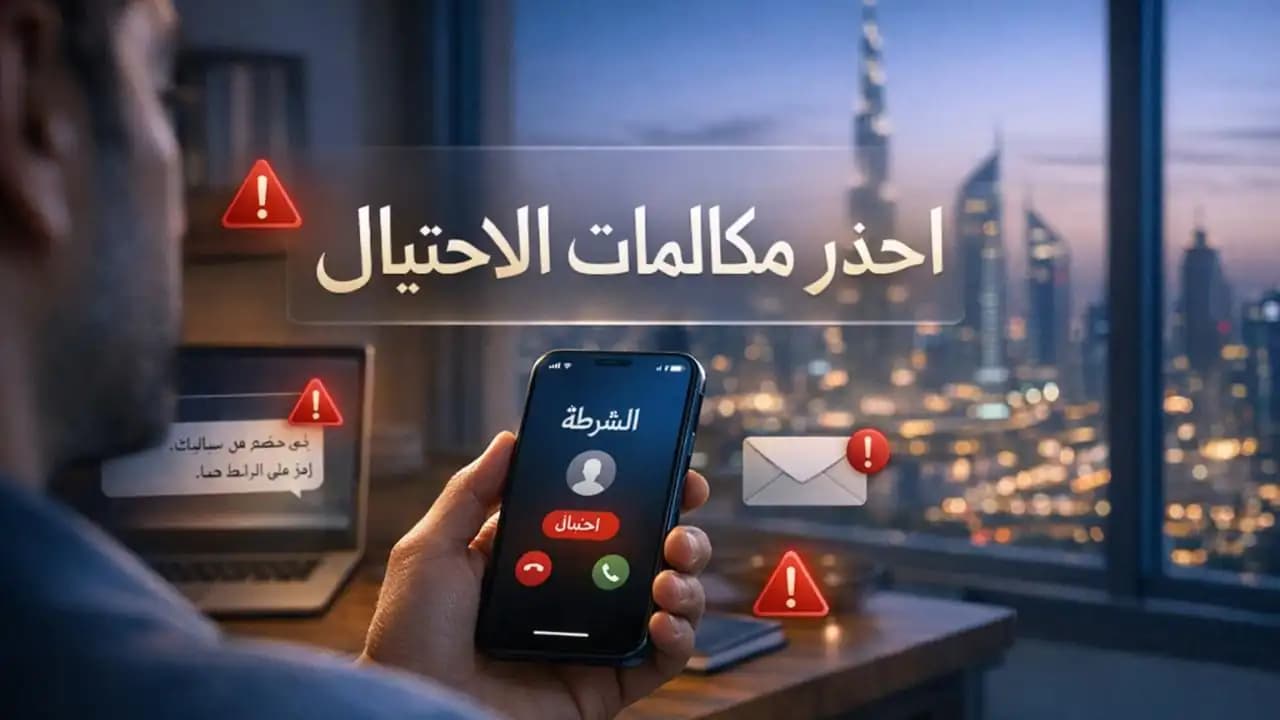 شخص في دبي ينظر إلى مكالمة مشبوهة على الهاتف تدعي أنها من الشرطة أو البنك