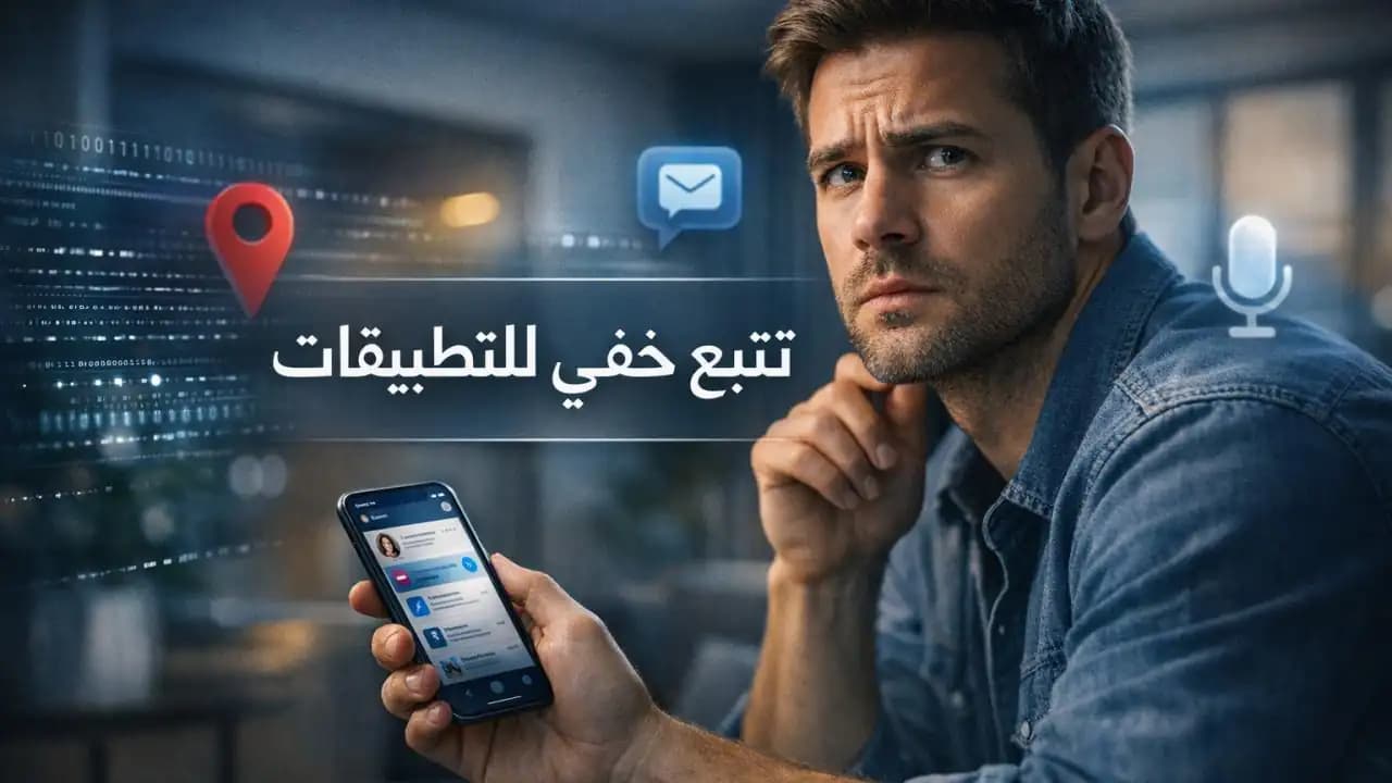 شخص ينظر إلى هاتف ذكي تظهر عليه مؤشرات تحذير للخصوصية وعلامات تتبع مشبوهة من تطبيق