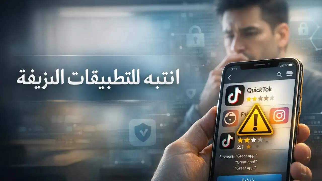 هاتف يعرض تطبيقات مشبوهة داخل متجر التطبيقات مع رموز تحذير