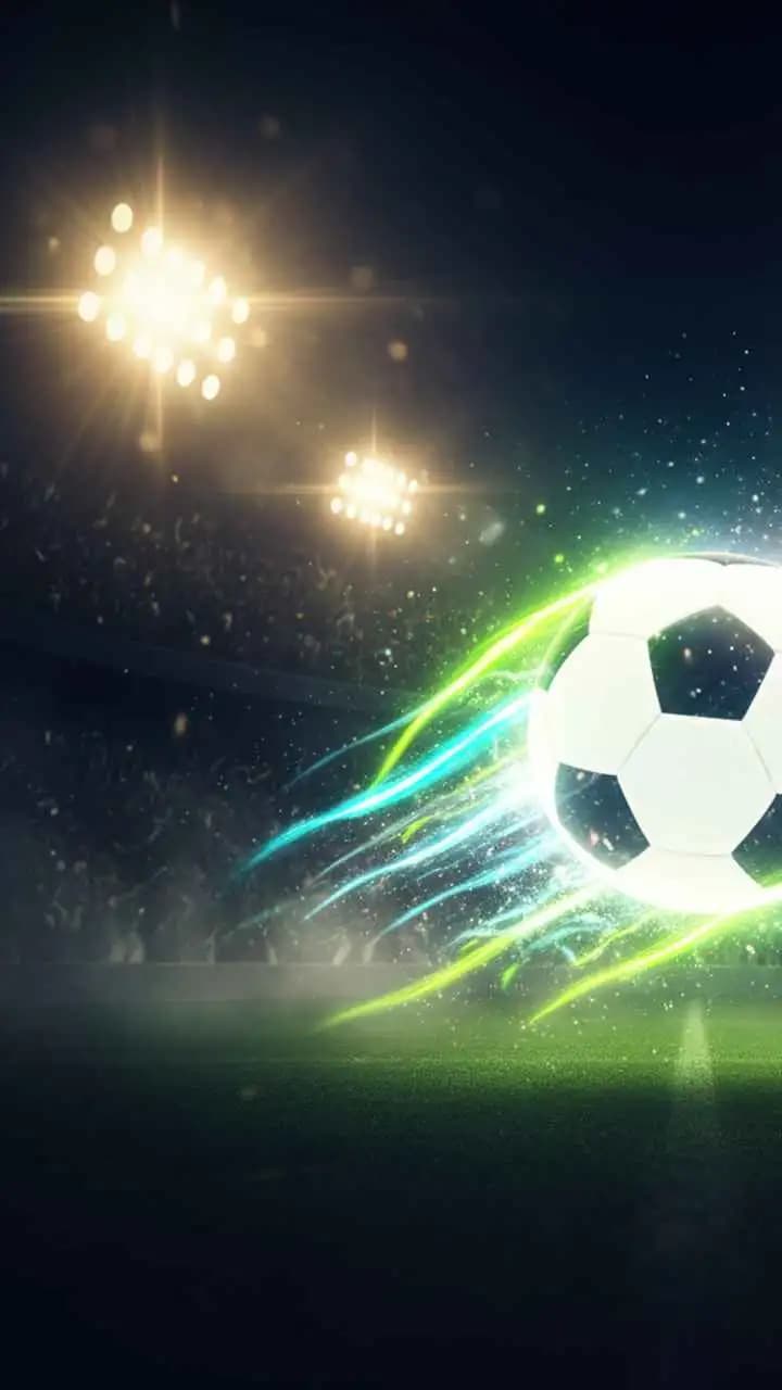 مشهد كرة قدم مليء بالطاقة مع لاعبين يتحركون وإضاءة درامية